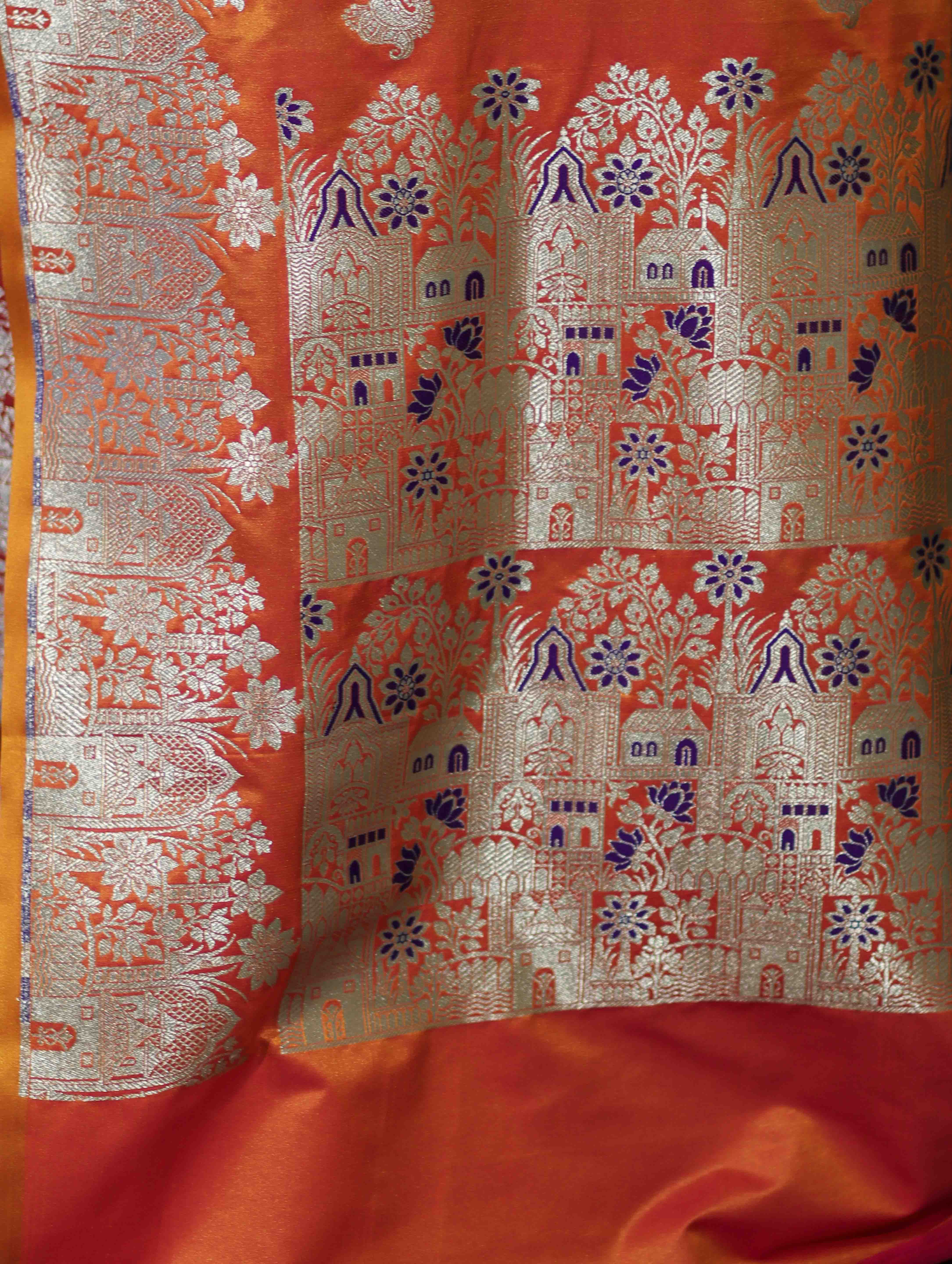 Banarasee Handloom Semi Katan Saree With Zari Work & Meenadar Pallu-Orange (Dual Tone)