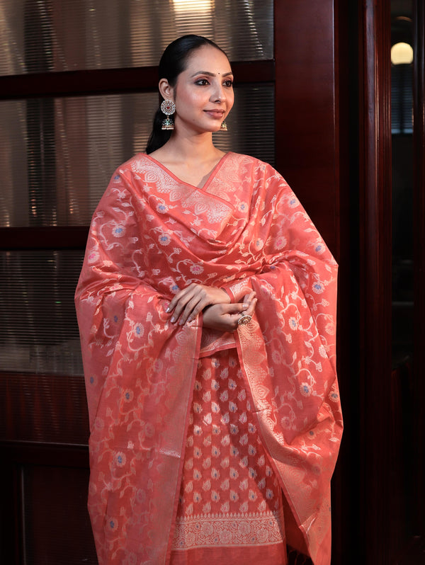 Banarasee Cotton Silk Zari Work Salwar Kameez Fabric With Dupatta Set-Peach Pink