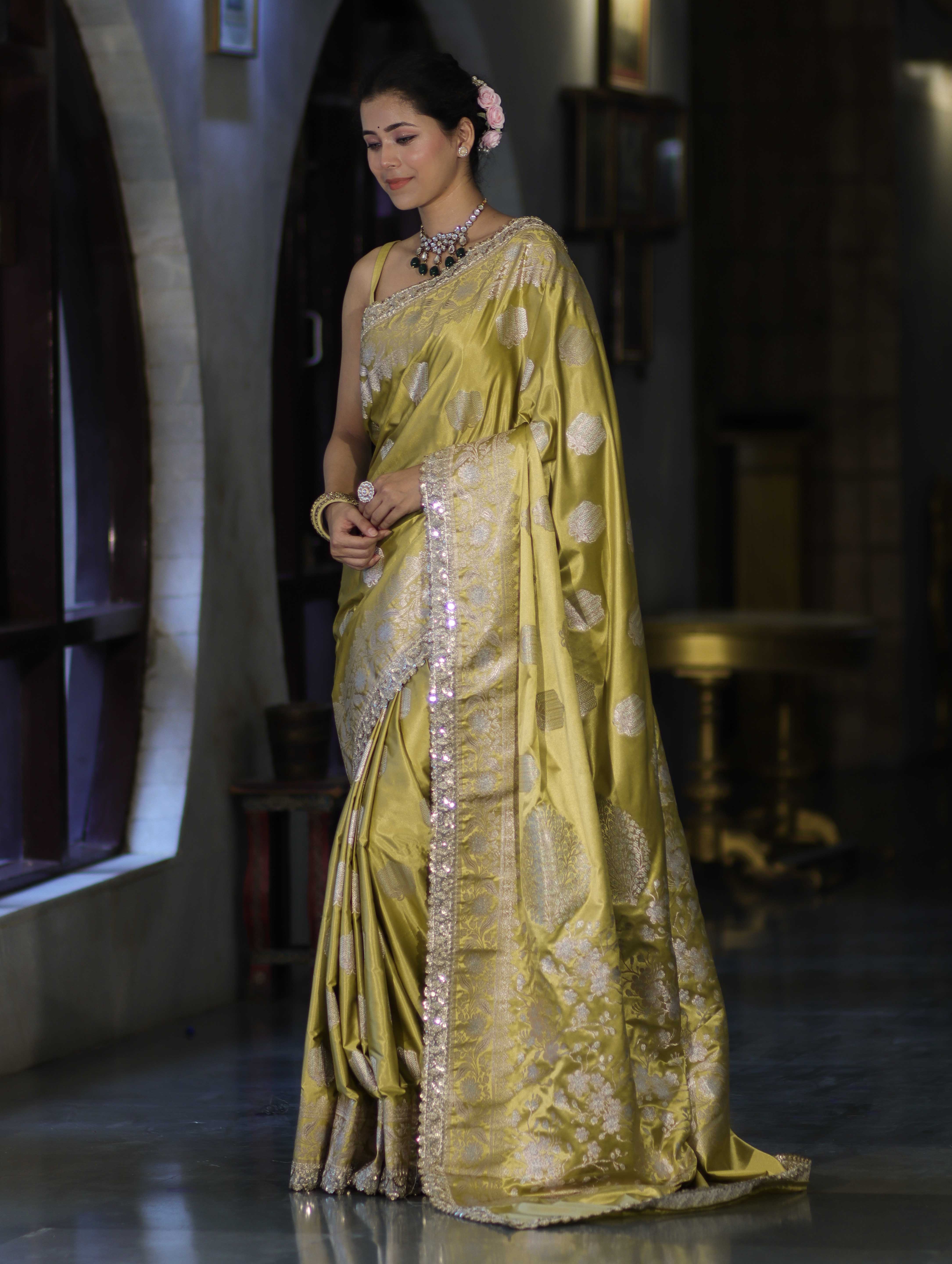 Banarasee Handloom Mashru Silk Saree With Sona Rupa Zari Work Border & Lace-Light Yellow
