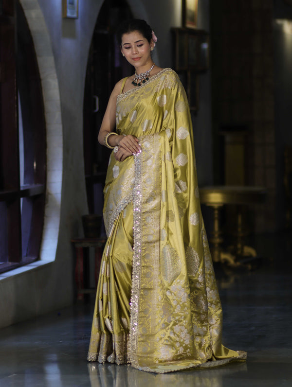 Banarasee Handloom Mashru Silk Saree With Sona Rupa Zari Work Border & Lace-Light Yellow