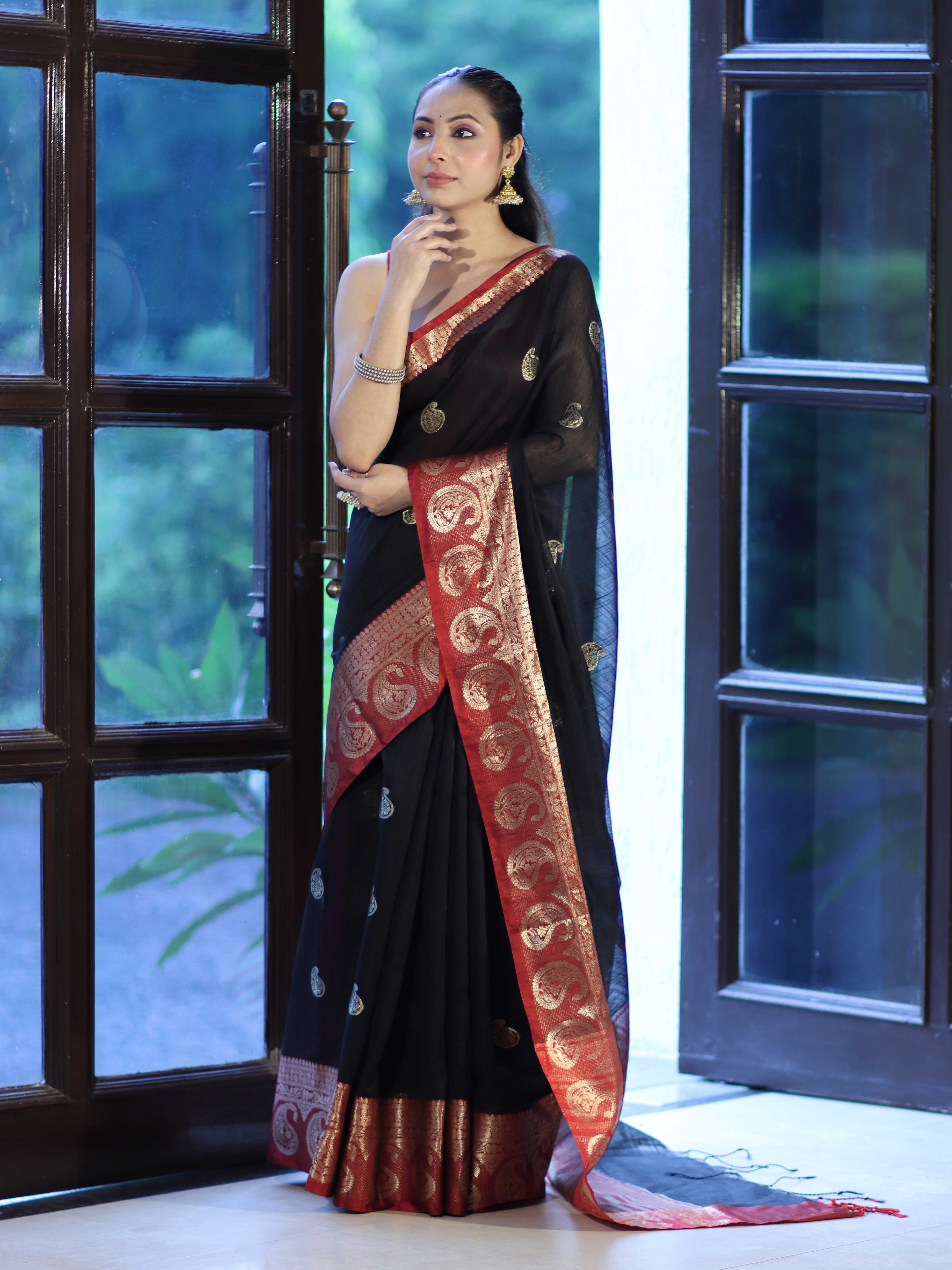Banarasee Handloom Cotton Silk Saree With Zari Work & Contrast Border-Black & Maroon
