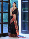 Banarasee Handloom Cotton Silk Saree With Zari Work & Contrast Border-Black & Maroon