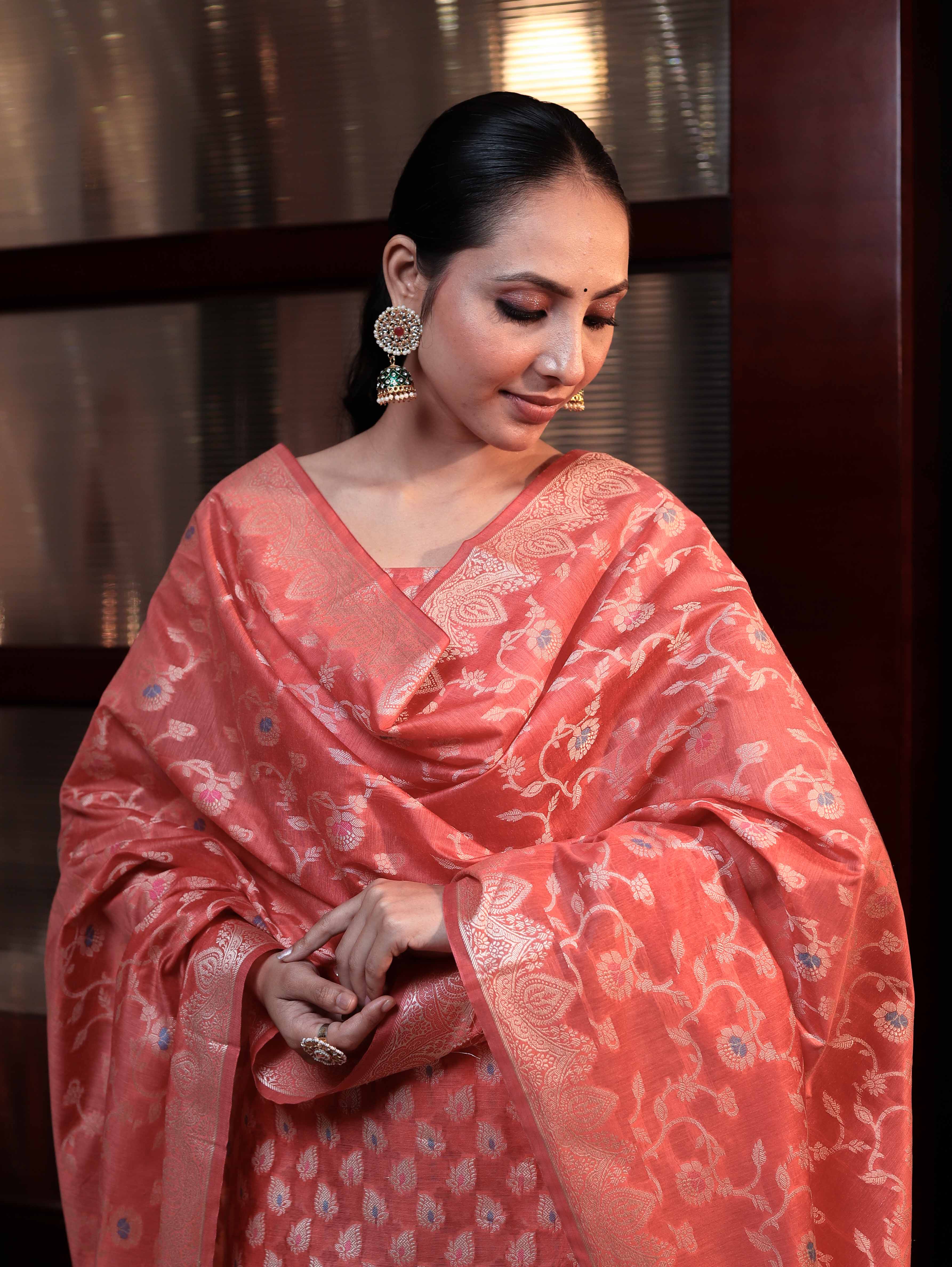 Banarasee Cotton Silk Zari Work Salwar Kameez Fabric With Dupatta Set-Peach Pink