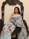 Banarasee Handloom Chanderi Digital Print Saree With Silver Zari Design-Blue