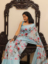 Banarasee Handloom Chanderi Digital Print Saree With Silver Zari Design-Blue
