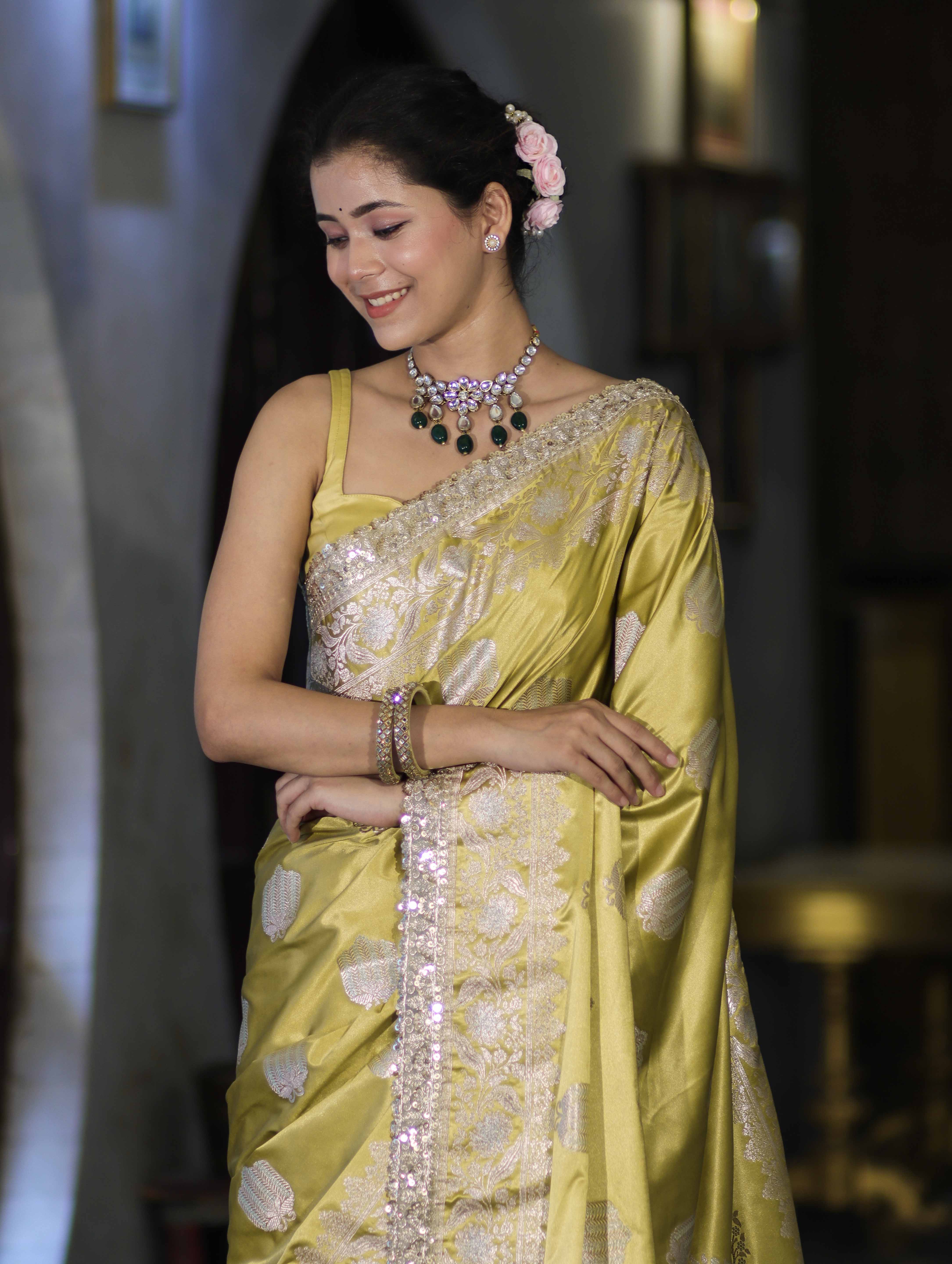 Banarasee Handloom Mashru Silk Saree With Sona Rupa Zari Work Border & Lace-Light Yellow