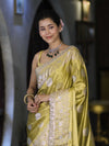 Banarasee Handloom Mashru Silk Saree With Sona Rupa Zari Work Border & Lace-Light Yellow