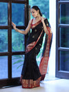 Banarasee Handloom Cotton Silk Saree With Zari Work & Contrast Border-Black & Maroon
