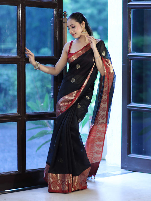 Banarasee Handloom Cotton Silk Saree With Zari Work & Contrast Border-Black & Maroon