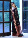 Banarasee Handloom Cotton Silk Saree With Zari Work & Contrast Border-Black & Maroon