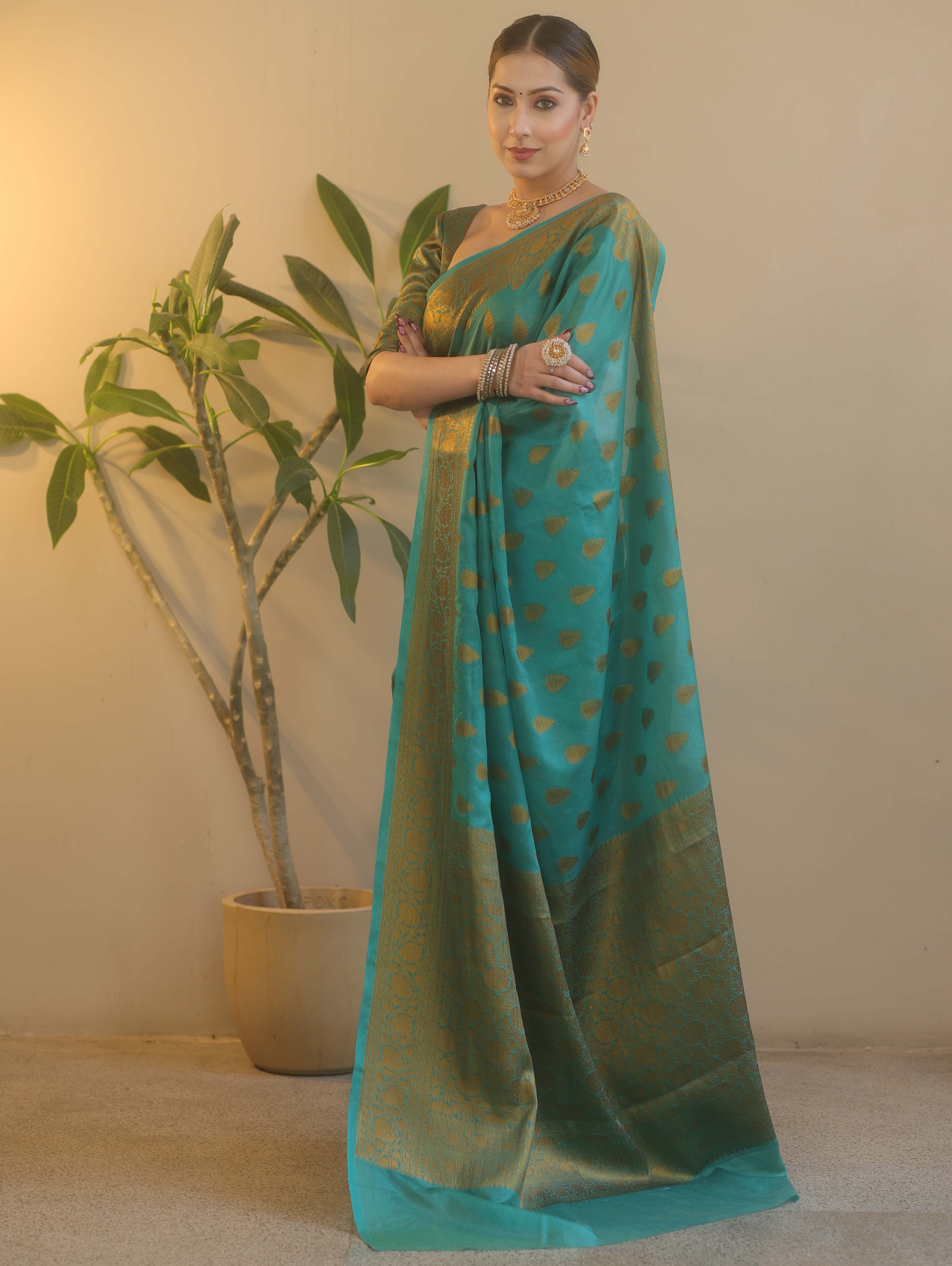 Banarasee Georgette Saree With Antiue Zari Buta Design & Border-Green