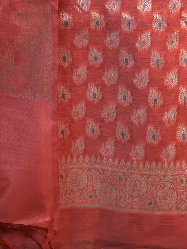 Banarasee Cotton Silk Zari Work Salwar Kameez Fabric With Dupatta Set-Peach Pink