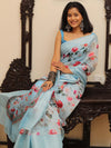Banarasee Handloom Chanderi Digital Print Saree With Silver Zari Design-Blue