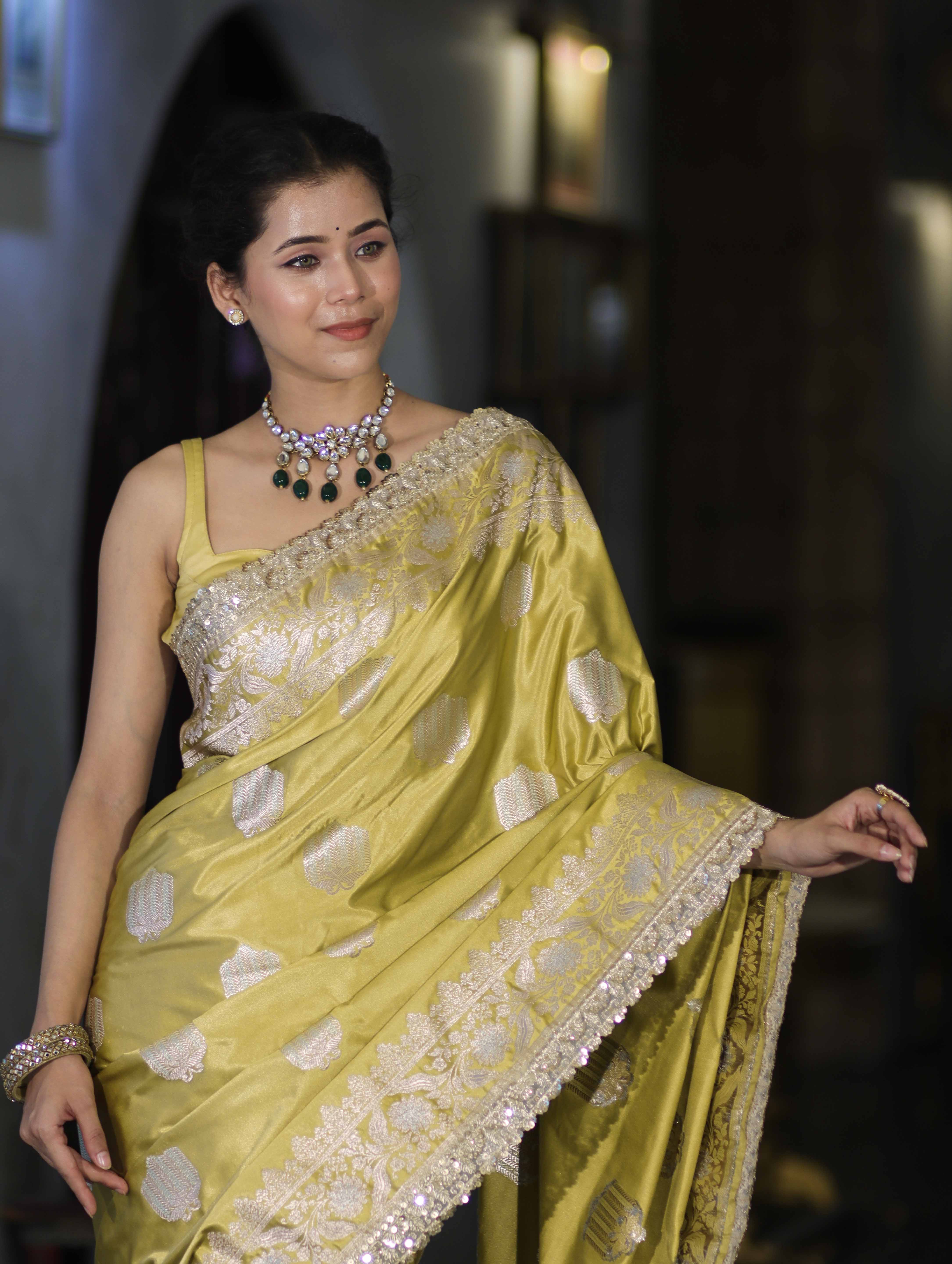 Banarasee Handloom Mashru Silk Saree With Sona Rupa Zari Work Border & Lace-Light Yellow