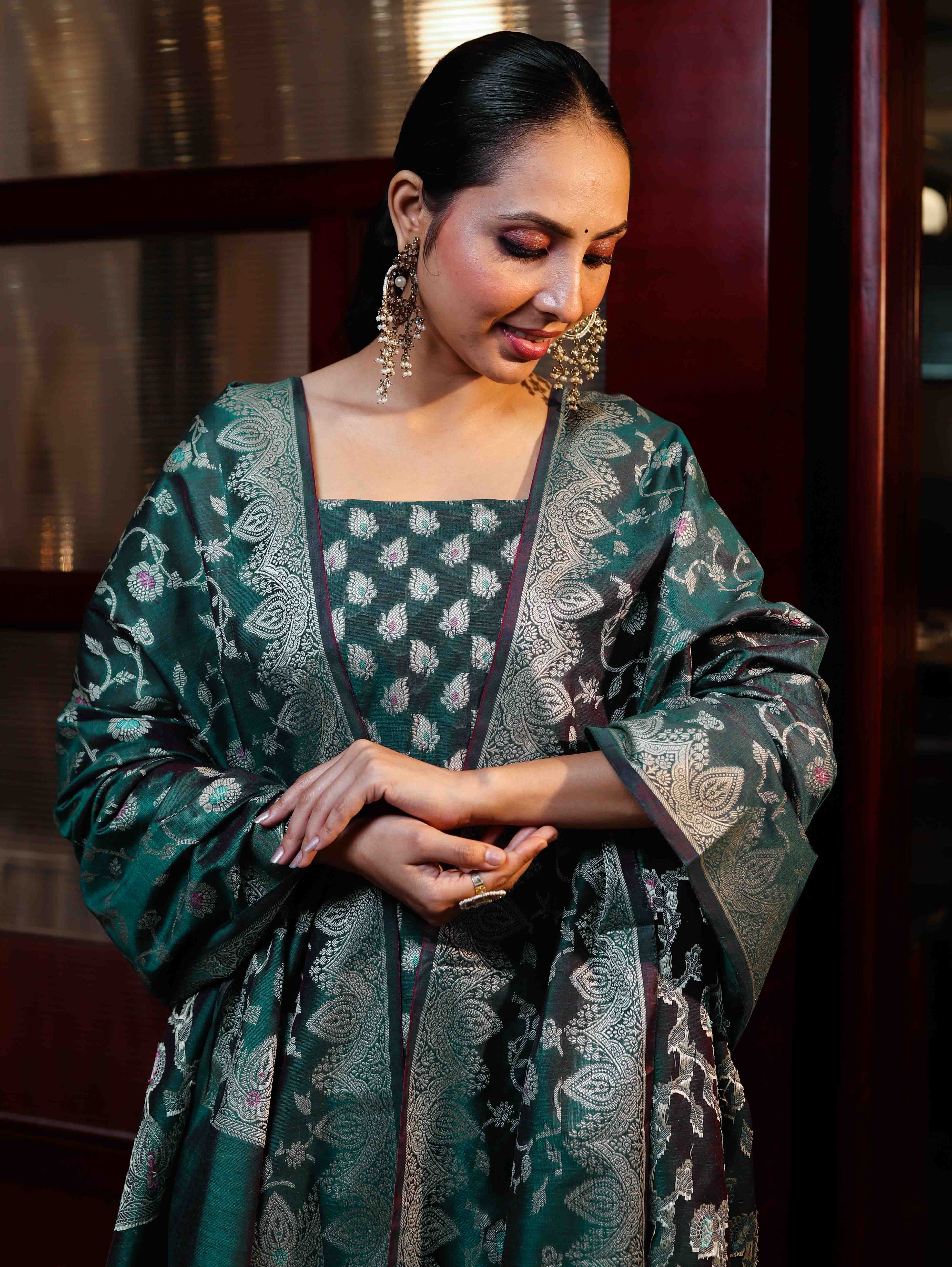 Banarasee Cotton Silk Zari Work Salwar Kameez Fabric With Dupatta Set-Teal Green