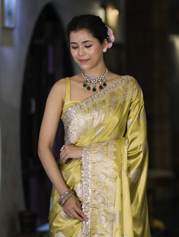 Banarasee Handloom Mashru Silk Saree With Sona Rupa Zari Work Border & Lace-Light Yellow