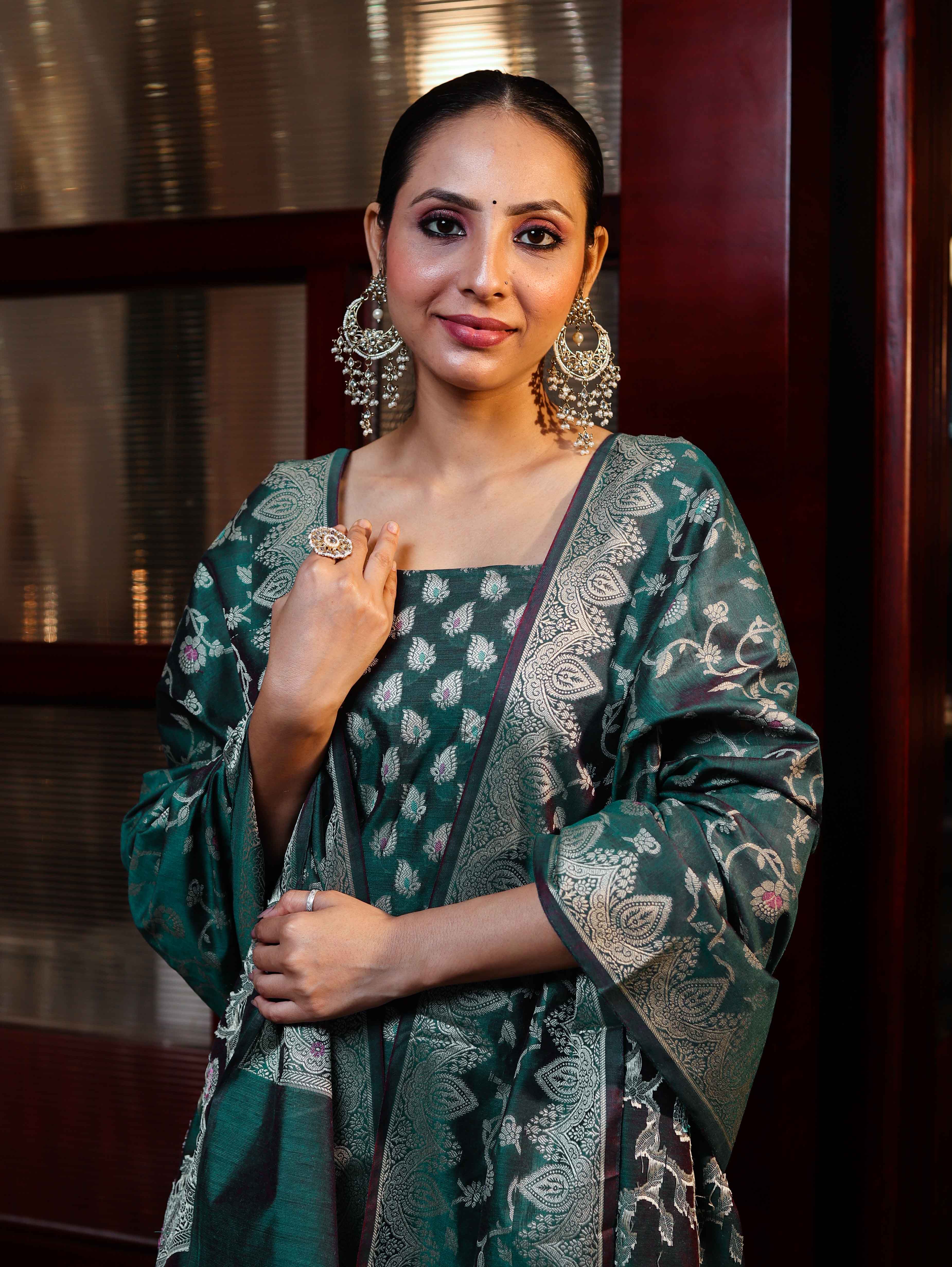Banarasee Cotton Silk Zari Work Salwar Kameez Fabric With Dupatta Set-Teal Green