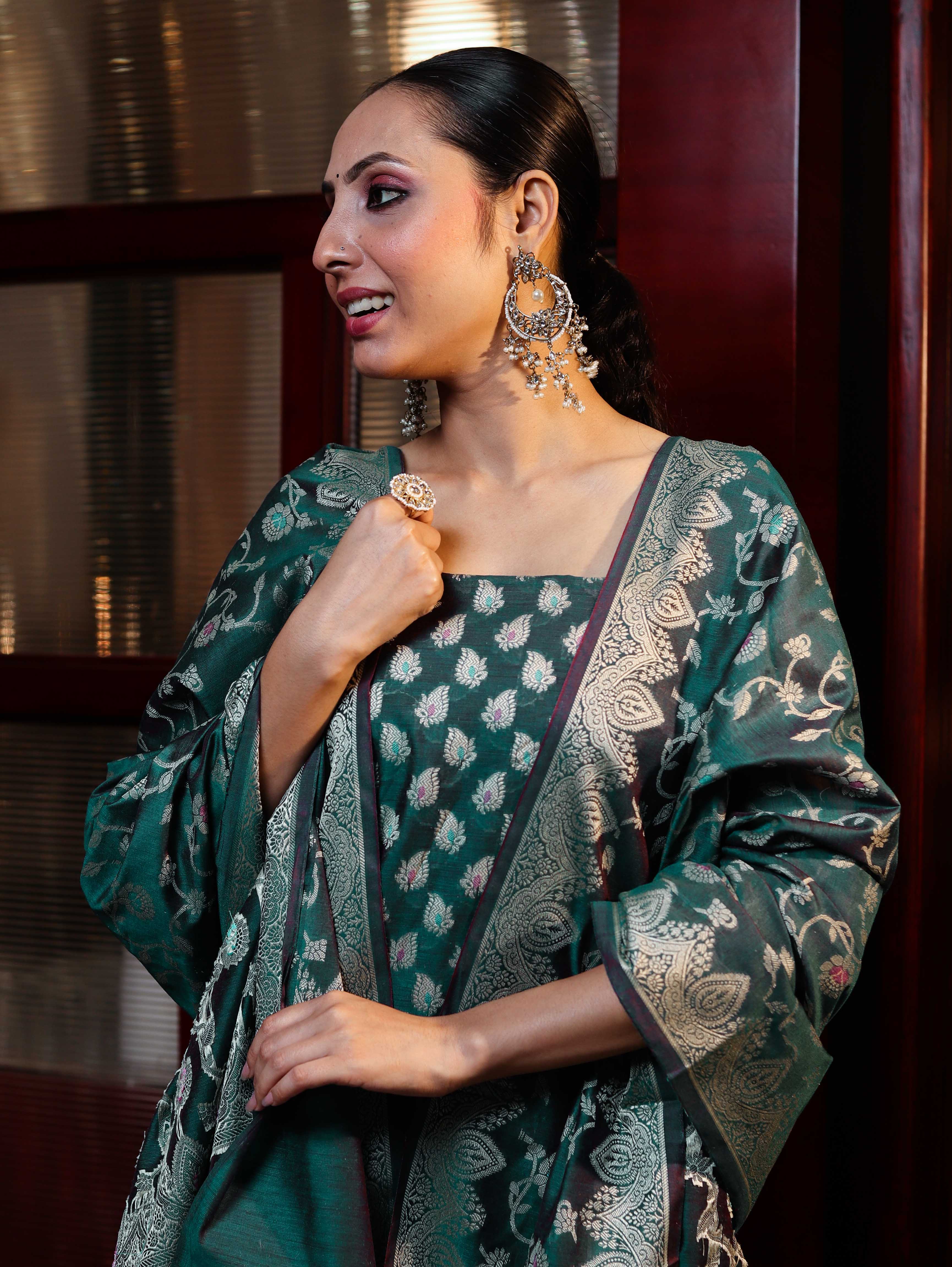 Banarasee Cotton Silk Zari Work Salwar Kameez Fabric With Dupatta Set-Teal Green