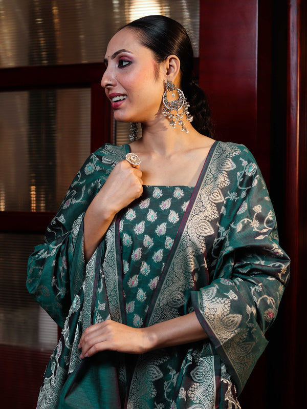 Banarasee Cotton Silk Zari Work Salwar Kameez Fabric With Dupatta Set-Teal Green