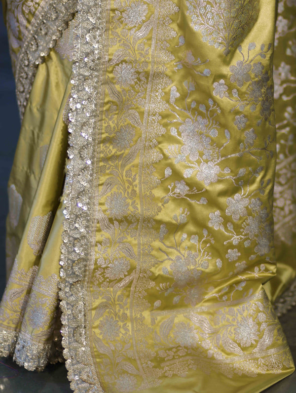 Banarasee Handloom Mashru Silk Saree With Sona Rupa Zari Work Border & Lace-Light Yellow