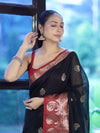 Banarasee Handloom Cotton Silk Saree With Zari Work & Contrast Border-Black & Maroon