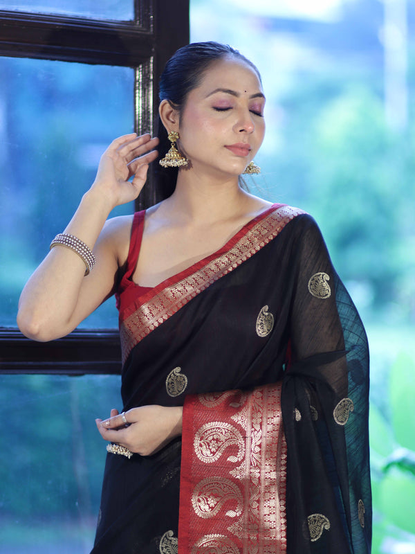Banarasee Handloom Cotton Silk Saree With Zari Work & Contrast Border-Black & Maroon