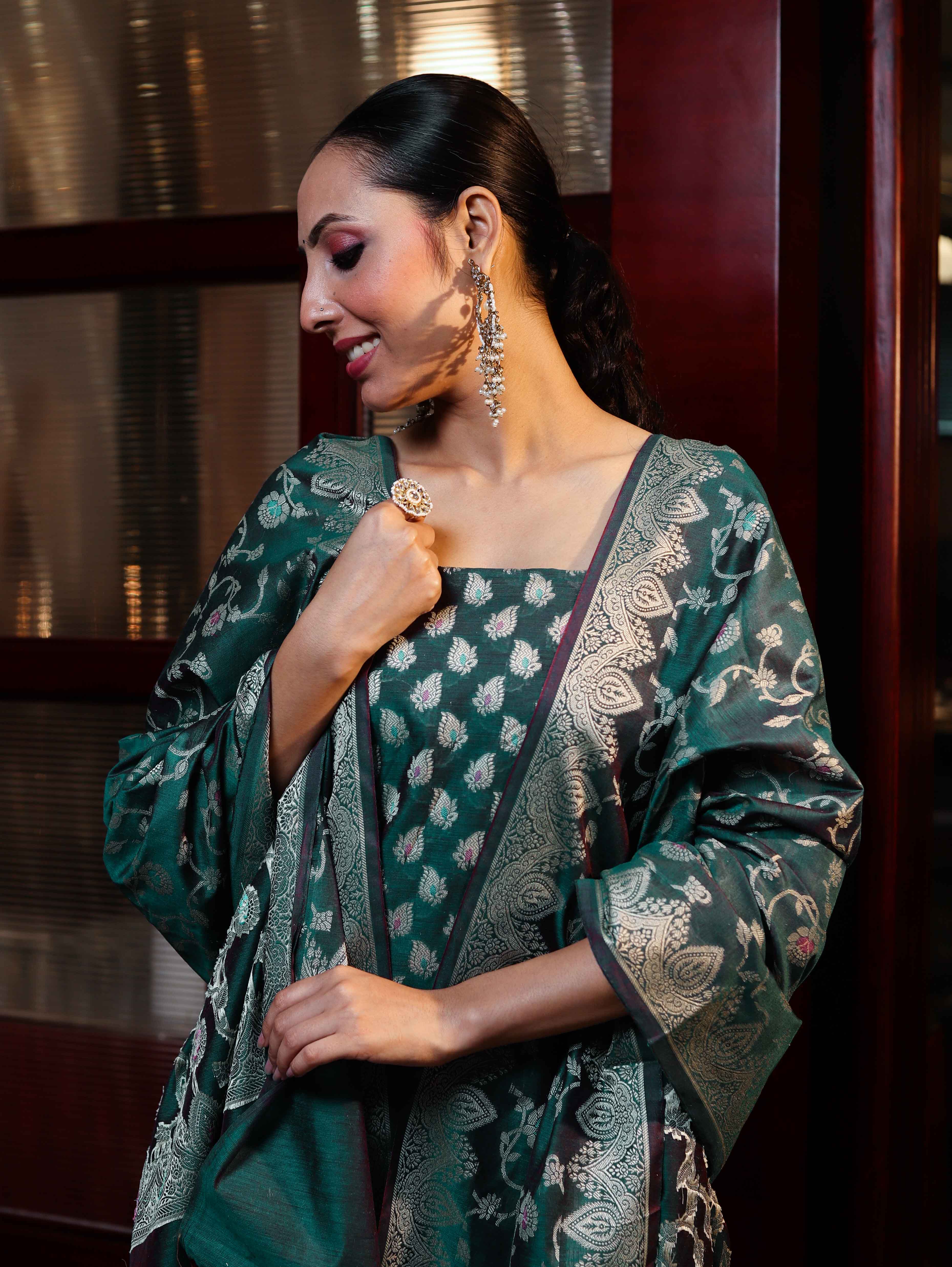 Banarasee Cotton Silk Zari Work Salwar Kameez Fabric With Dupatta Set-Teal Green