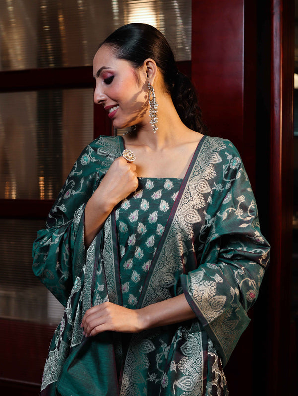 Banarasee Cotton Silk Zari Work Salwar Kameez Fabric With Dupatta Set-Teal Green