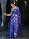 Banarasee Handloom Semi Silk Saree With Leaf Pattern & Floral Zari Border-Blue (Dual Tone)
