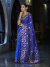 Banarasee Handloom Semi Silk Saree With Leaf Pattern & Floral Zari Border-Blue (Dual Tone)