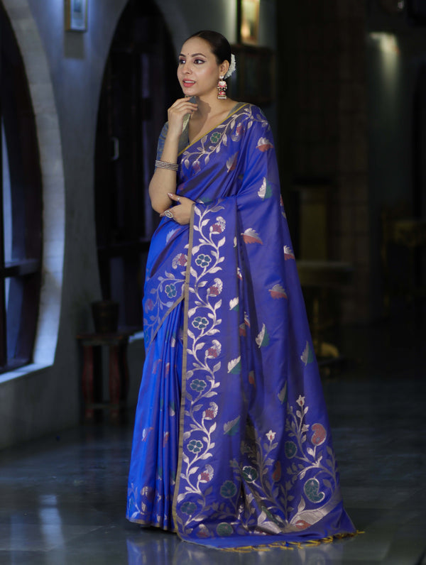 Banarasee Handloom Semi Silk Saree With Leaf Pattern & Floral Zari Border-Blue (Dual Tone)