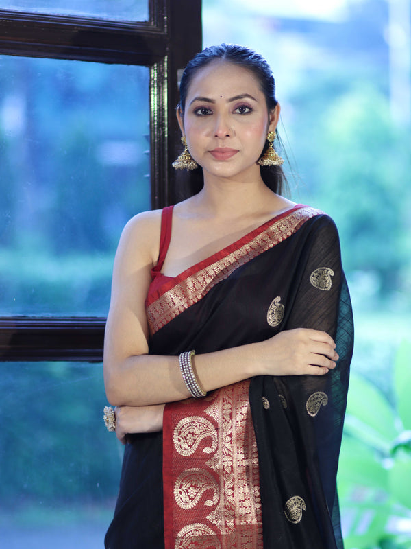 Banarasee Handloom Cotton Silk Saree With Zari Work & Contrast Border-Black & Maroon