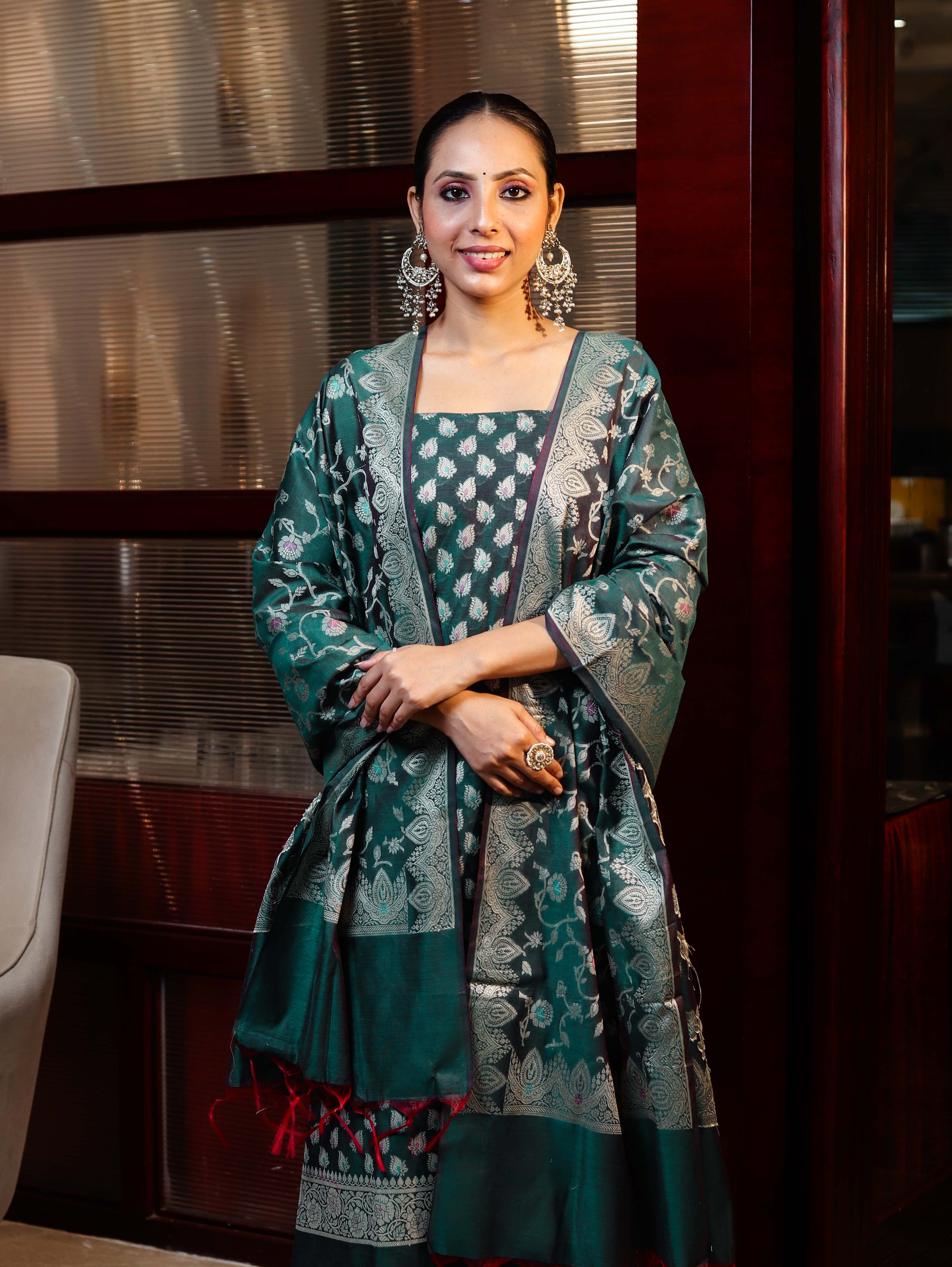 Banarasee Cotton Silk Zari Work Salwar Kameez Fabric With Dupatta Set-Teal Green