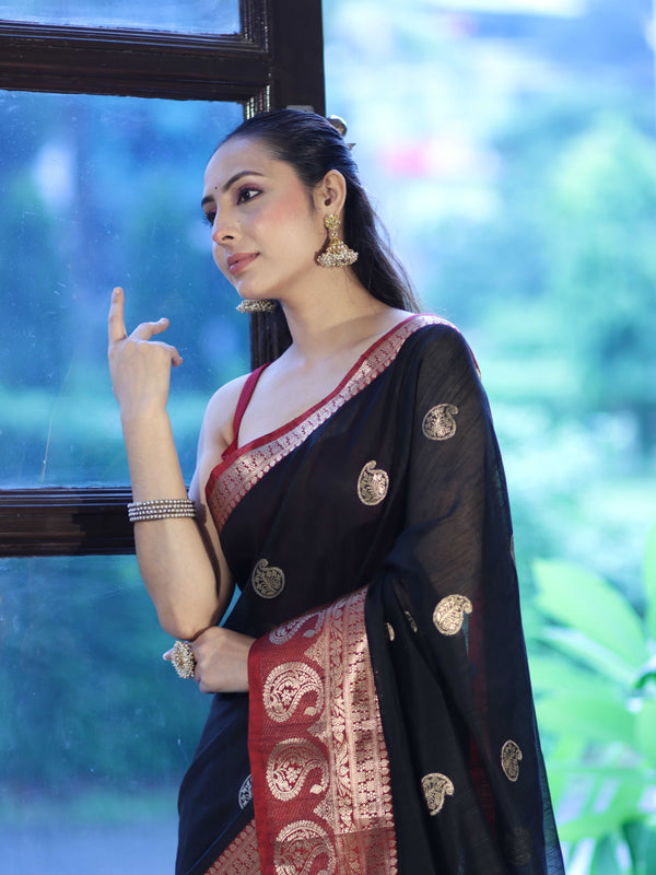 Banarasee Handloom Cotton Silk Saree With Zari Work & Contrast Border-Black & Maroon