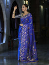 Banarasee Handloom Semi Silk Saree With Leaf Pattern & Floral Zari Border-Blue (Dual Tone)
