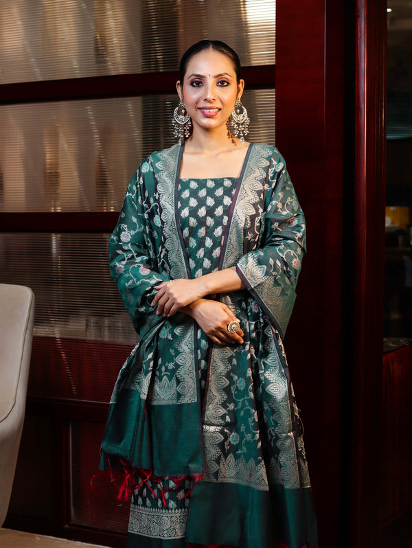 Banarasee Cotton Silk Zari Work Salwar Kameez Fabric With Dupatta Set-Teal Green