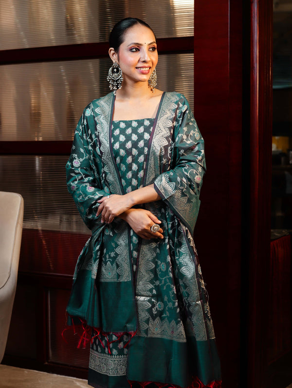 Banarasee Cotton Silk Zari Work Salwar Kameez Fabric With Dupatta Set-Teal Green