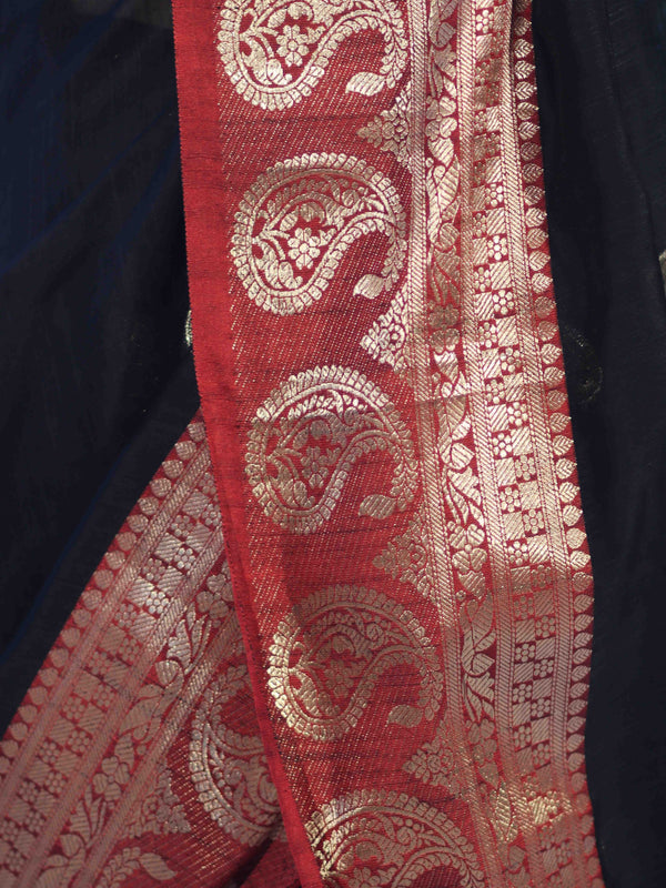 Banarasee Handloom Cotton Silk Saree With Zari Work & Contrast Border-Black & Maroon