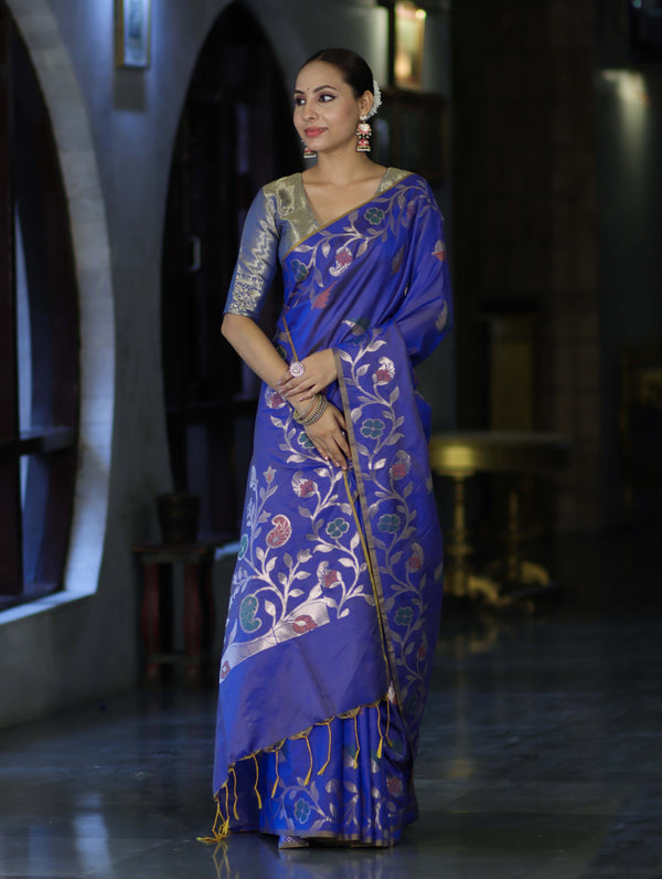 Banarasee Handloom Semi Silk Saree With Leaf Pattern & Floral Zari Border-Blue (Dual Tone)