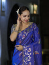 Banarasee Handloom Semi Silk Saree With Leaf Pattern & Floral Zari Border-Blue (Dual Tone)