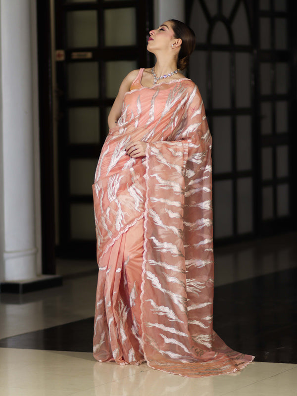 Banarasee Handloom Organza Saree With Resham Zari Work & Scallop Border-Peach