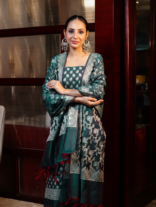 Banarasee Cotton Silk Zari Work Salwar Kameez Fabric With Dupatta Set-Teal Green