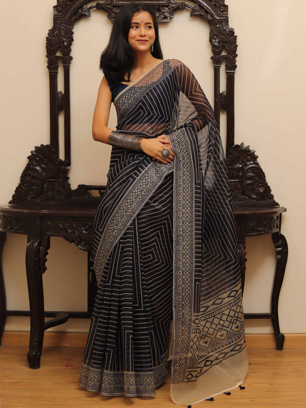 Banarasee Mix Organza printed Saree-Blue