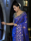 Banarasee Handloom Semi Silk Saree With Leaf Pattern & Floral Zari Border-Blue (Dual Tone)
