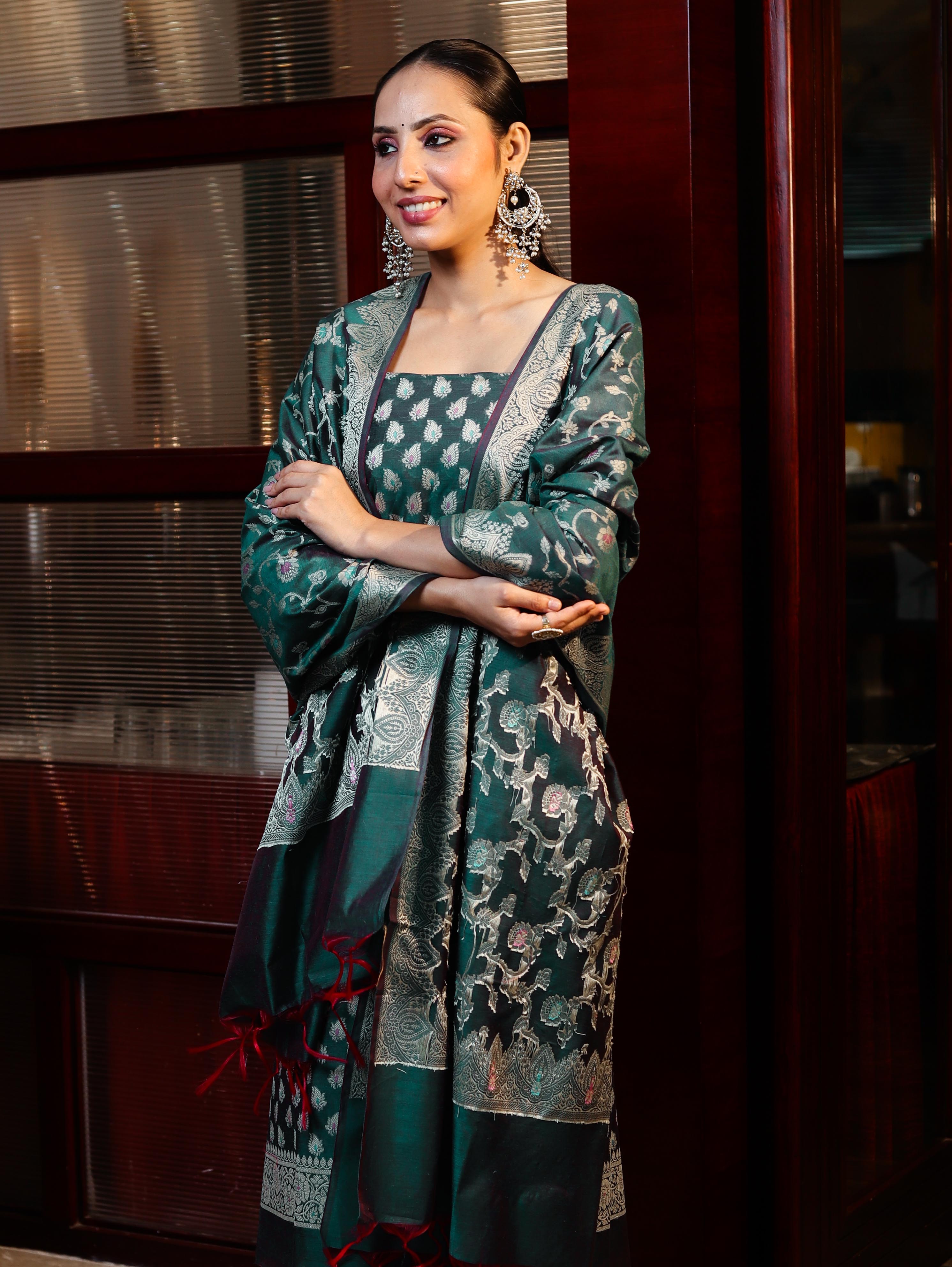 Banarasee Cotton Silk Zari Work Salwar Kameez Fabric With Dupatta Set-Teal Green