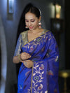 Banarasee Handloom Semi Silk Saree With Leaf Pattern & Floral Zari Border-Blue (Dual Tone)