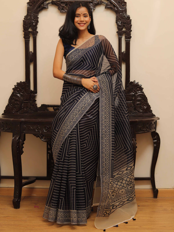 Banarasee Mix Organza printed Saree-Blue