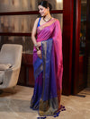 Banarasee Handloom Pure Linen Saree With Gold Zari Border-Multicolor