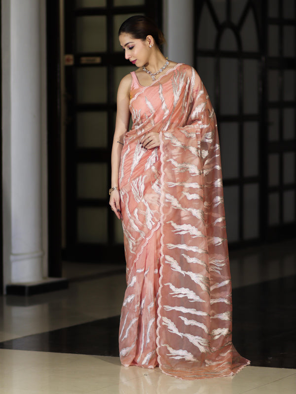 Banarasee Handloom Organza Saree With Resham Zari Work & Scallop Border-Peach