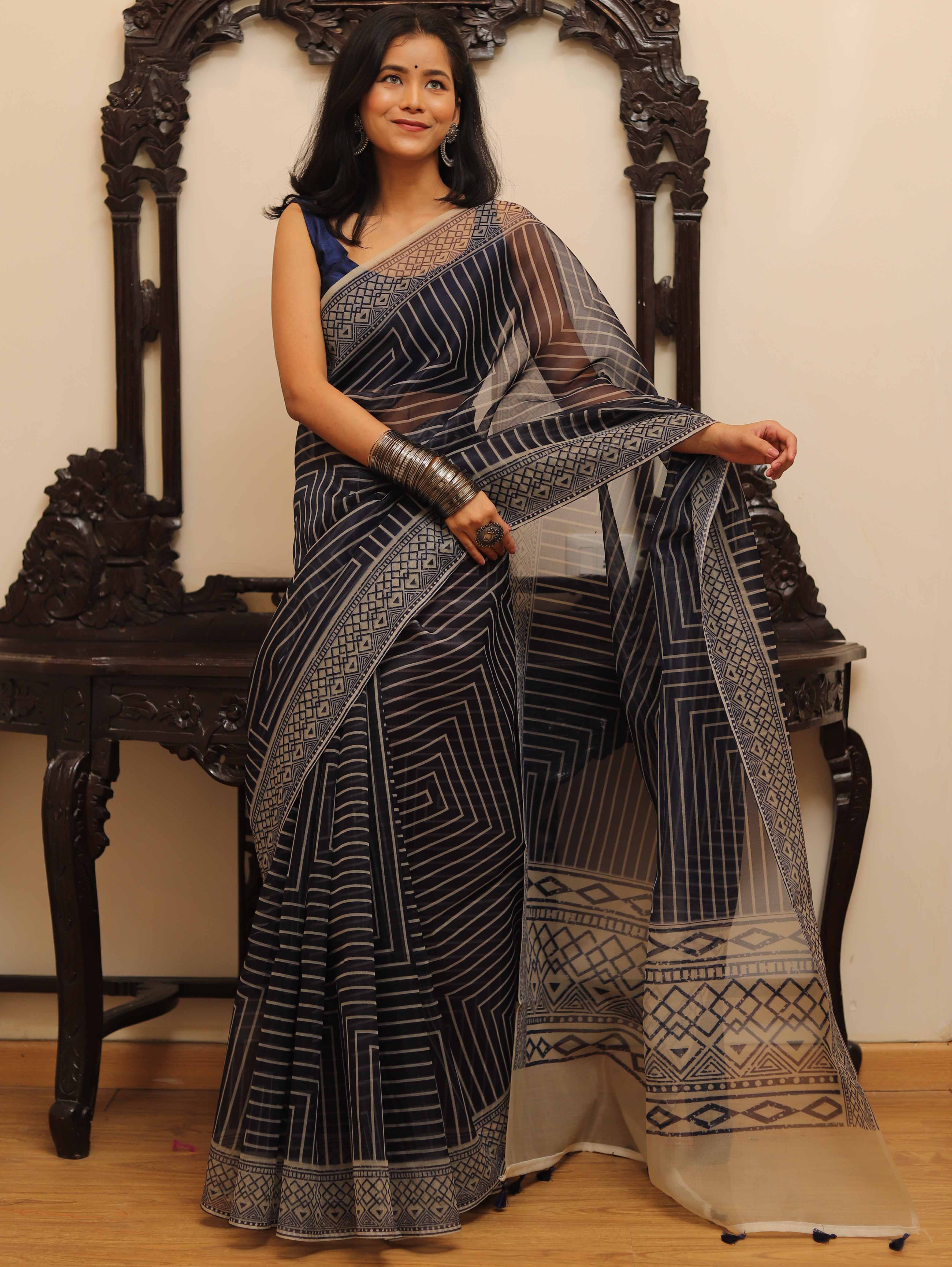Banarasee Mix Organza printed Saree-Blue